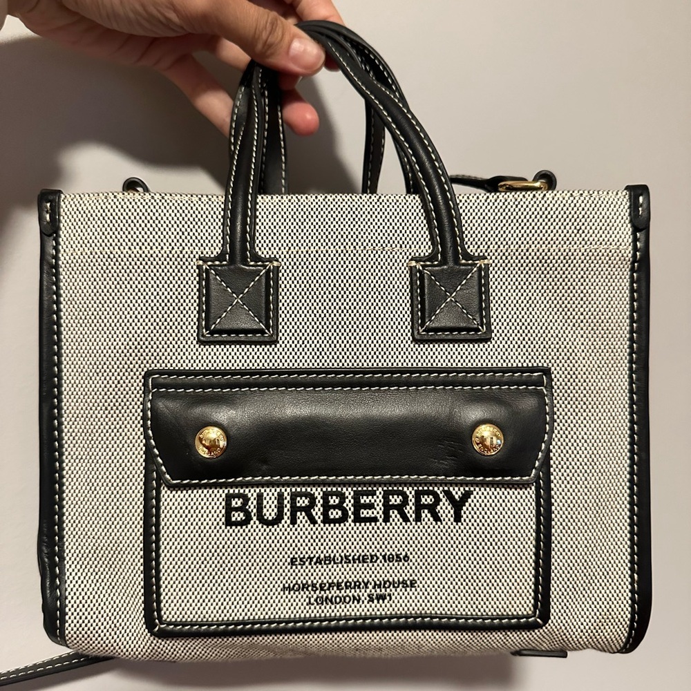 Burberry Black and Cream Tote Bag with Structured Shape and Leather Accents